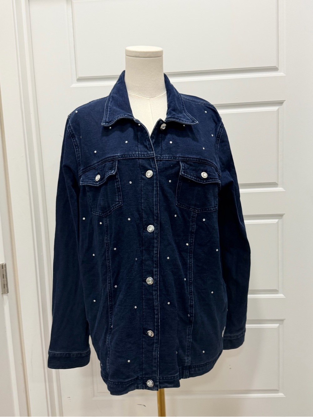 Dark Blue Rhinestone Embellished Stretch Denim Jacket - Women - Picture 2 of 8